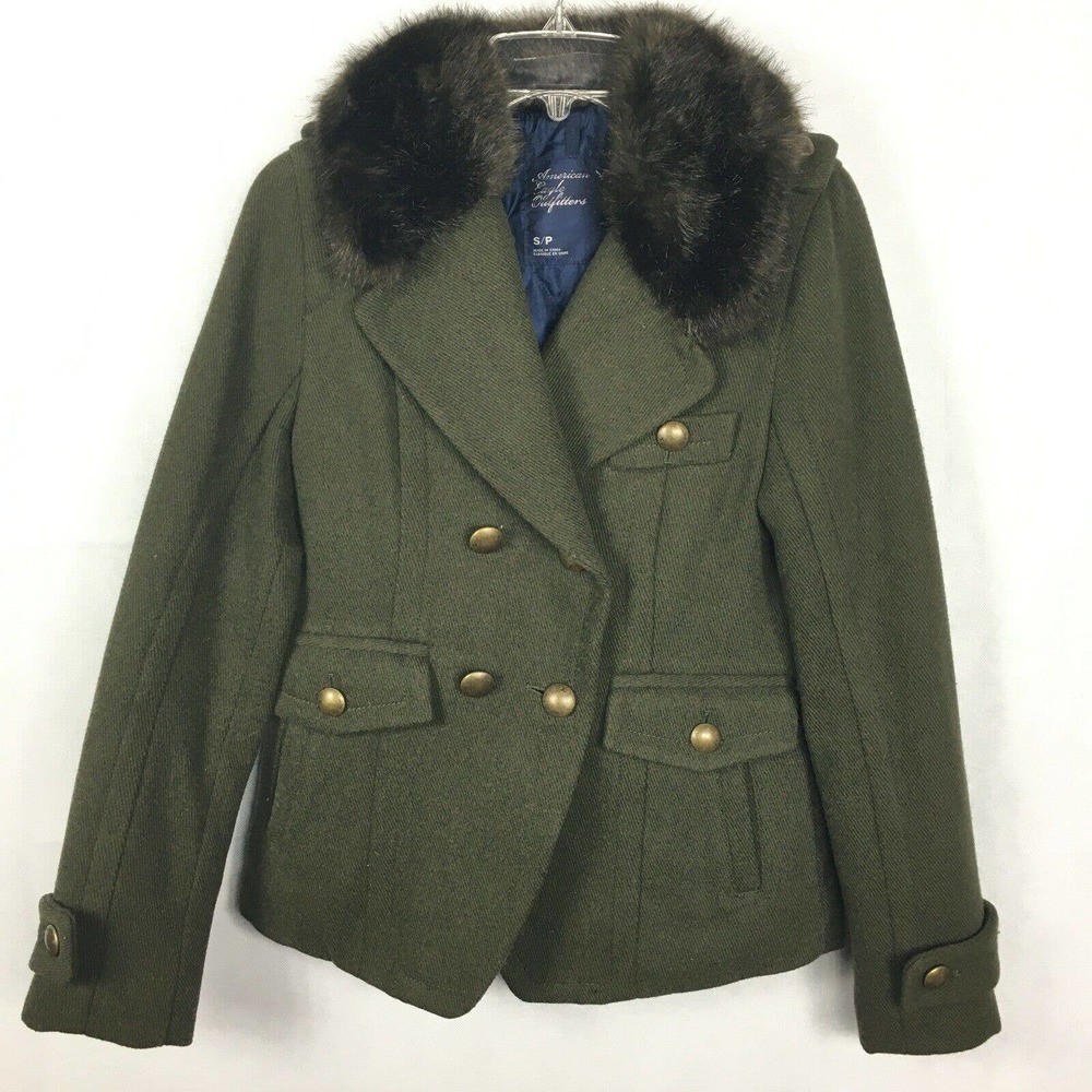 American Eagle Coat Womens Sz S Green Military Tweed Wool Peacoat Fur Collar